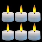 Lot de 6 bougies LED flamme vacillante avec lumière jaune Lot de 6 bougies LED flamme vacillante avec lumière jaune, sur un fond noir.