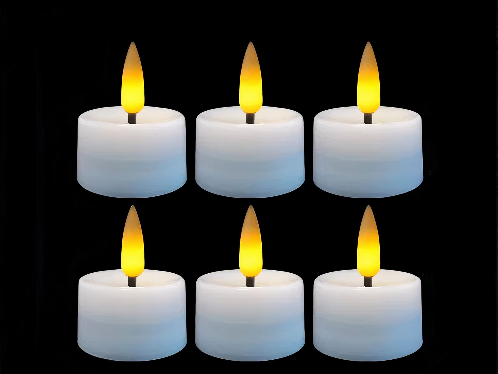 Lot de 6 bougies LED flamme vacillante avec lumière jaune, sur un fond noir.