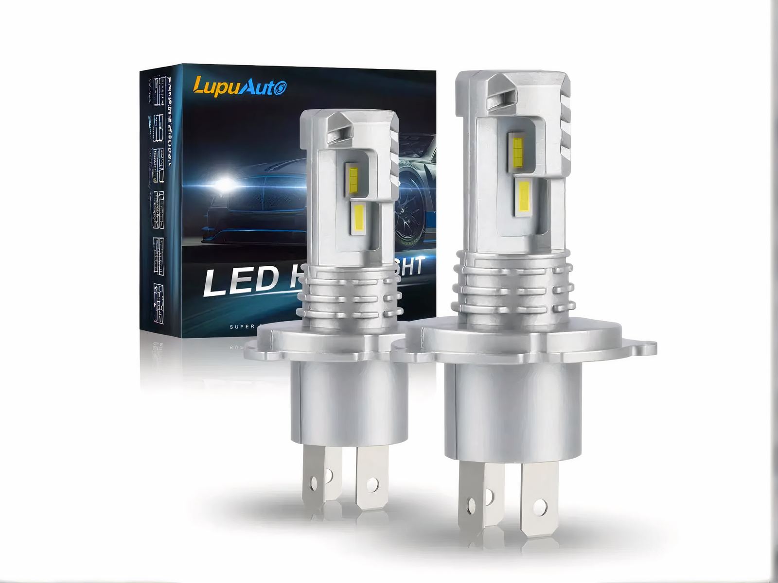 Lot de deux ampoules h4 LED étanche pour phare sur fond blanc avec la boite