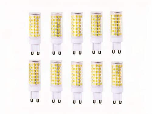 Lot de dix ampoules LED G9 lumière chaude sur fond blanc