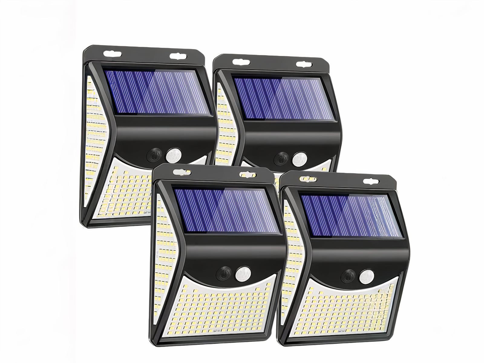 Lot de quatre projecteurs extérieur LED puissant avec détecteur de mouvement sur fond blanc