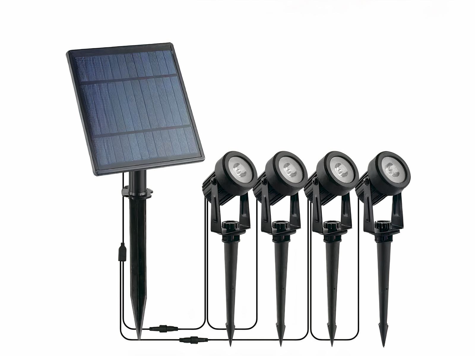 Lot de quatre spots LED solaire imperméables et pratiques sur fond blanc