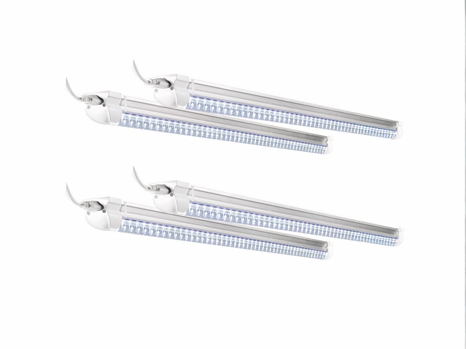 Lot de quatre tubes LED modernes et pratiques sur fond blanc