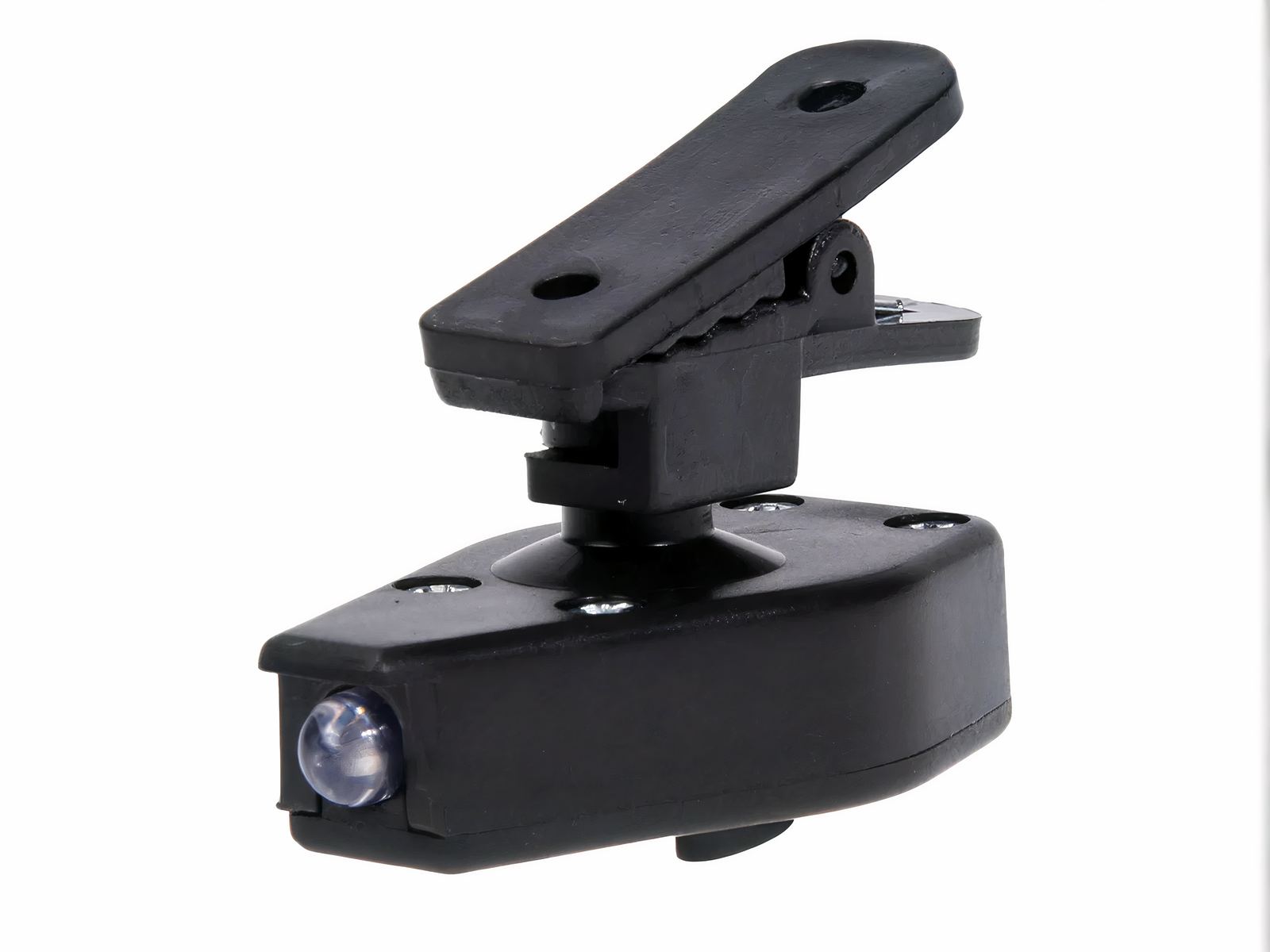 Mini lampe LED à pince pour lunettes Mini lampe LED à pince pour lunettes, de couleur noir, sur un fond blanc.