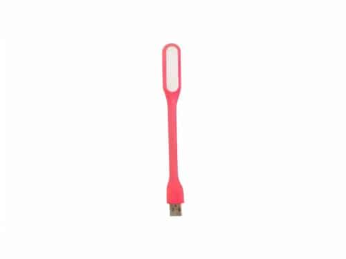 Mini lampe LED flexible rose et USB, sur un fond blanc.