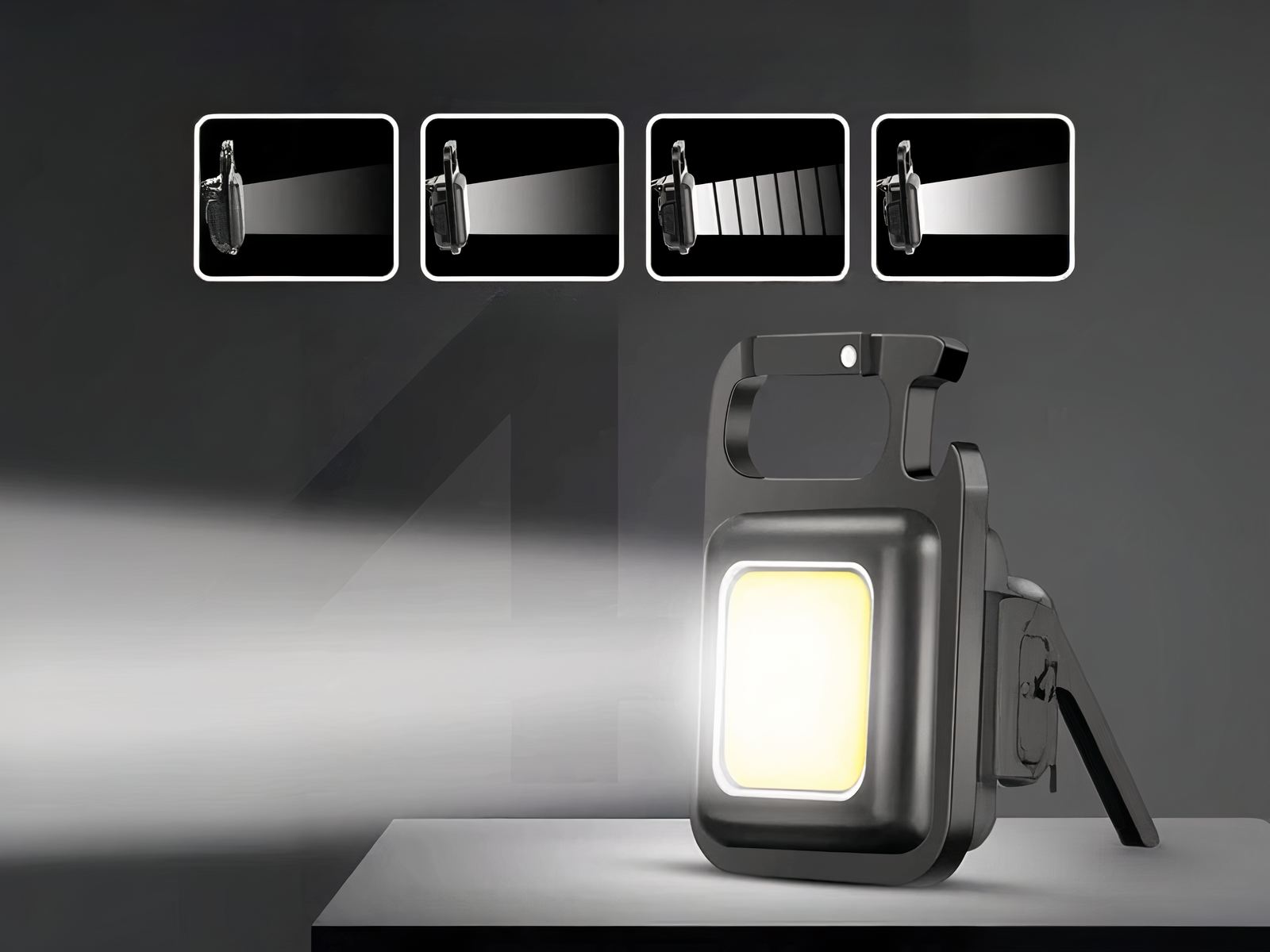 Mini lampe LED multifonctionnelle pour porte clés, sur un fond noir