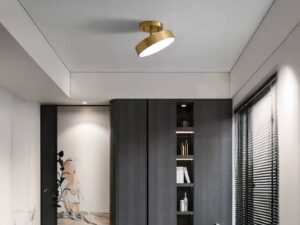 Plafonnier LED nordique rond doré, installé sur un plafond gris, dans une pièce de vie. Il est orienté vers la droite et allumé.