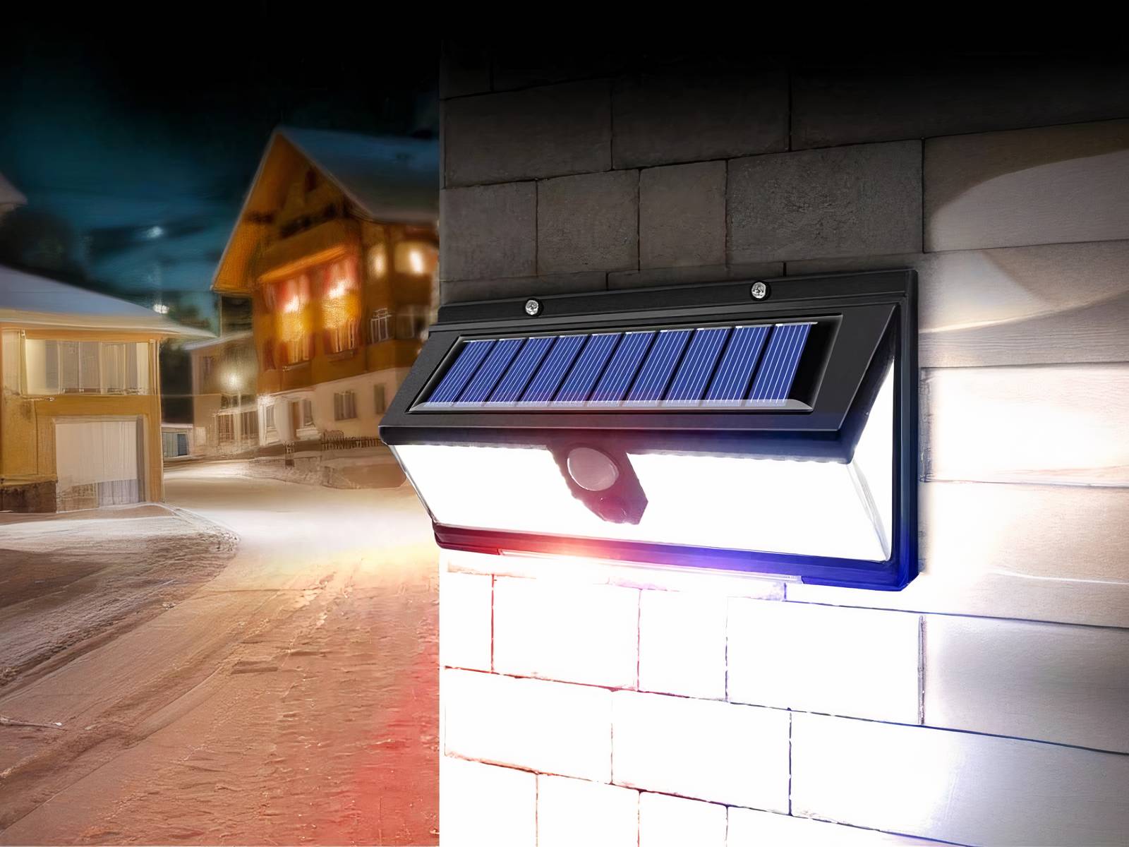 Projecteur extérieur LED solaire avec détecteur de mouvement allumé et installé sur un mur de briques blanches.