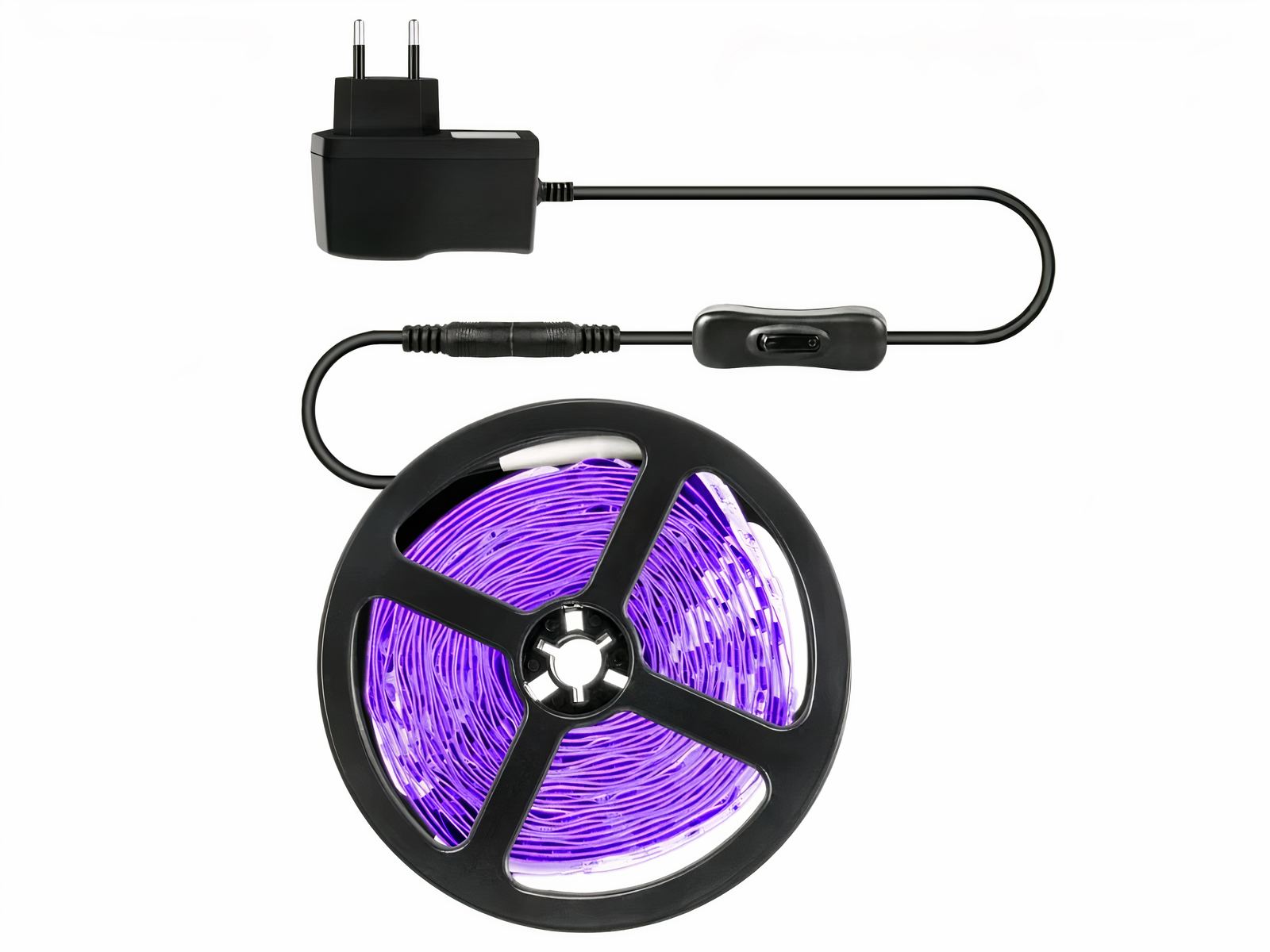 Ruban led 12v design avec lumière violette, sur un fond blanc.