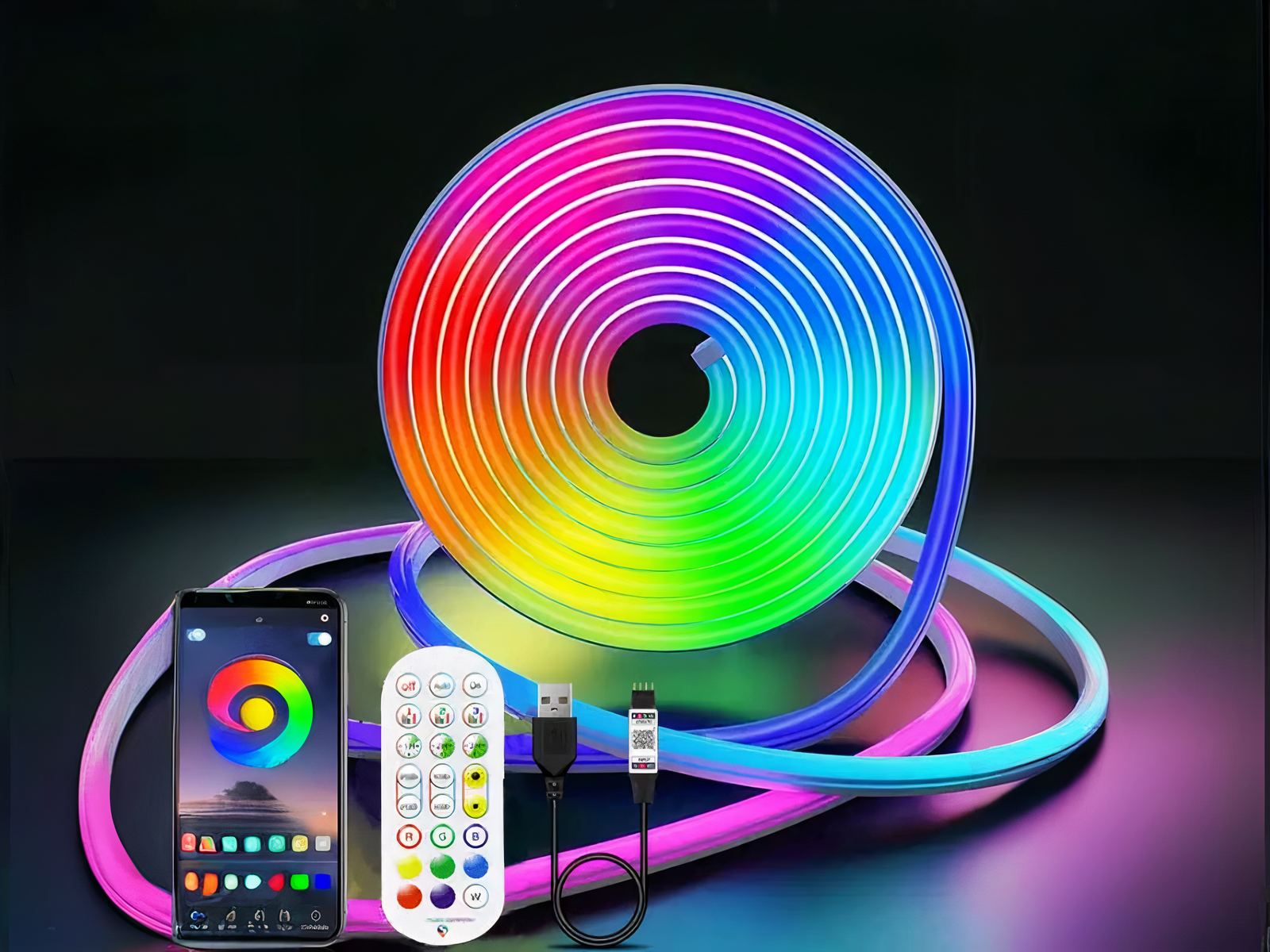 Ruban led recoupable multicolore et connecté, avec une télécommande en dessous.