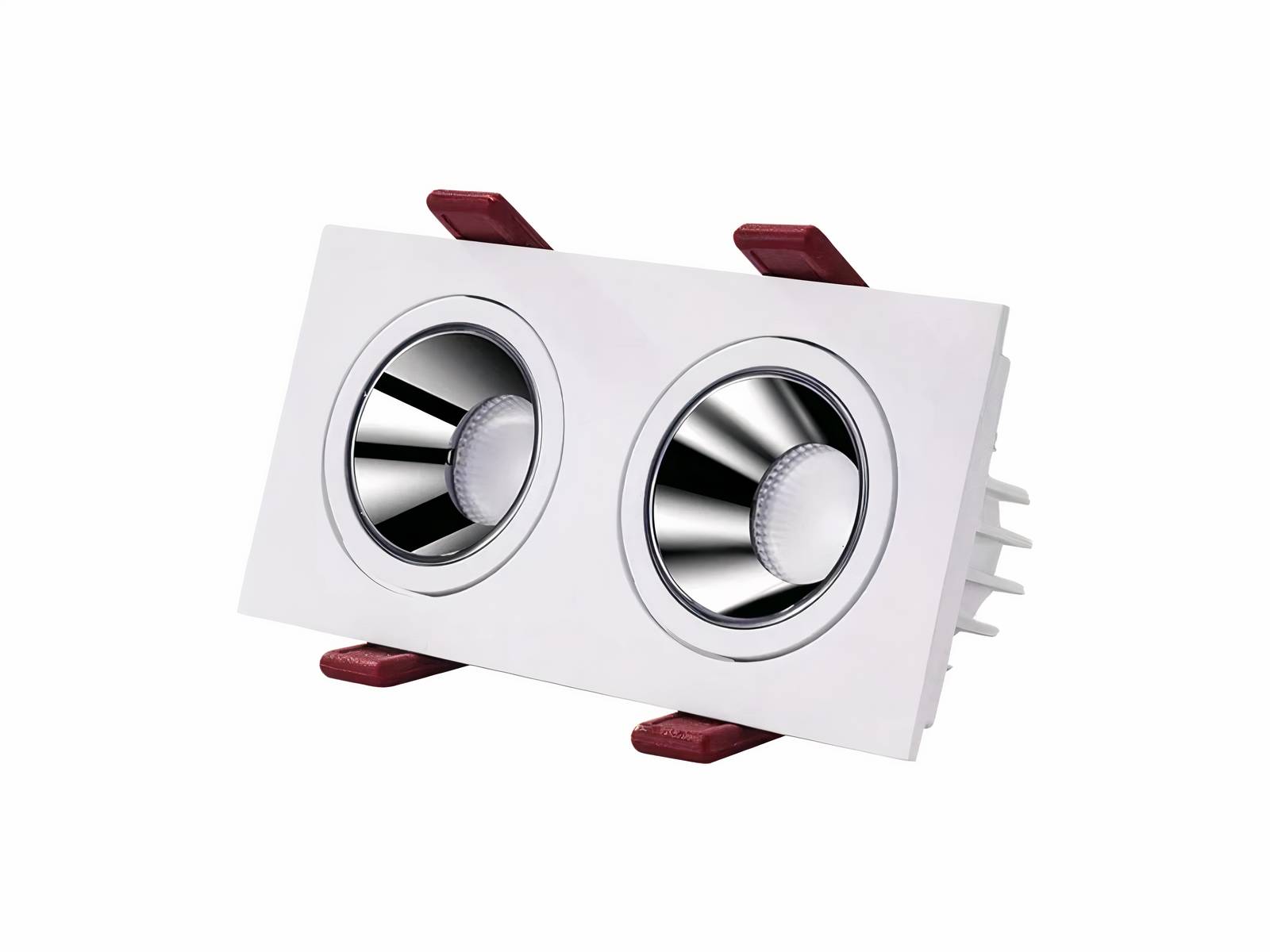 Spot LED salle de bain, duo sur rectangle blanc, on voit les accroches rouges pour les encastrer. Sur fond blanc.