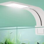 Lampe LED ultra fine pour aquarium de couleur blanche fixée sur le rebord de l'aquarium. Le fond est vert et la lampe est allumée.