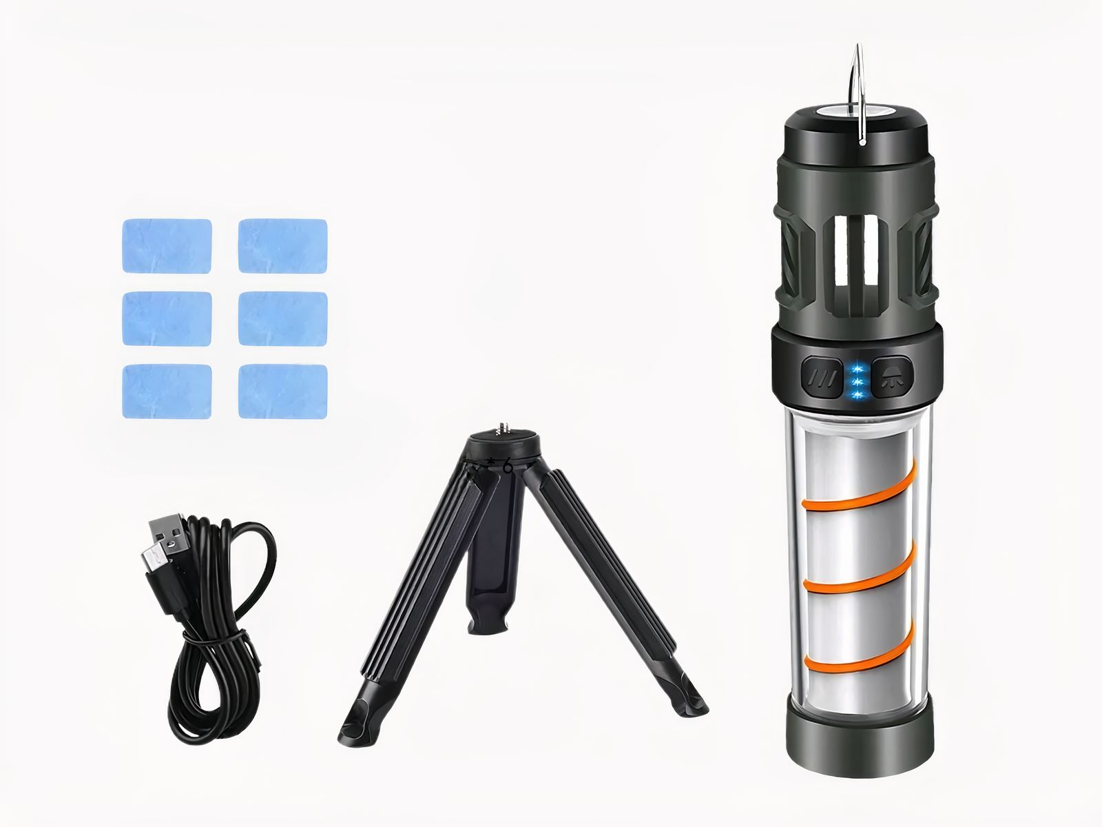 Lampe de poche LED antimoustique multifonctionnelle Une lampe de poche LED antimoustique posée sur un rocher éclaire une tente.