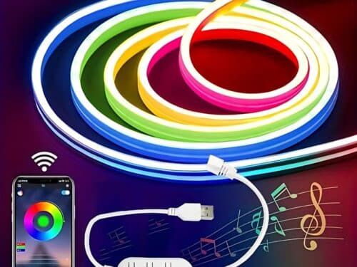 Ruban néon LED Bluetooth RGB, avec contrôle via smartphone et application mobile, affichant une gamme de lumières multicolores lumineuses et vives. Câble USB connecté et interface de commande visible. Les couleurs varient du rouge au bleu, avec un motif musical en arrière-plan, illustrant la fonction de synchronisation musicale