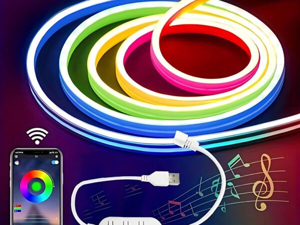 Ruban néon LED Bluetooth RGB, avec contrôle via smartphone et application mobile, affichant une gamme de lumières multicolores lumineuses et vives. Câble USB connecté et interface de commande visible. Les couleurs varient du rouge au bleu, avec un motif musical en arrière-plan, illustrant la fonction de synchronisation musicale
