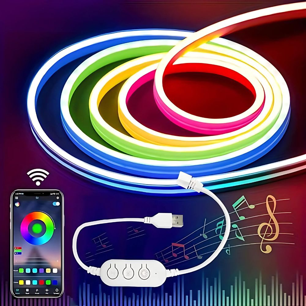 Ruban néon LED Bluetooth RGB, avec contrôle via smartphone et application mobile, affichant une gamme de lumières multicolores lumineuses et vives. Câble USB connecté et interface de commande visible. Les couleurs varient du rouge au bleu, avec un motif musical en arrière-plan, illustrant la fonction de synchronisation musicale
