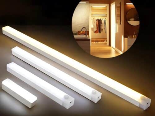 photo principale montrant 5 modèles de réglettes lumineuses LED éclairées et en médaillon une maison éclairée par plusieurs réglettes lumineuse du même type. Dans la cuisine, dans le couloir et au fond dans le dressing