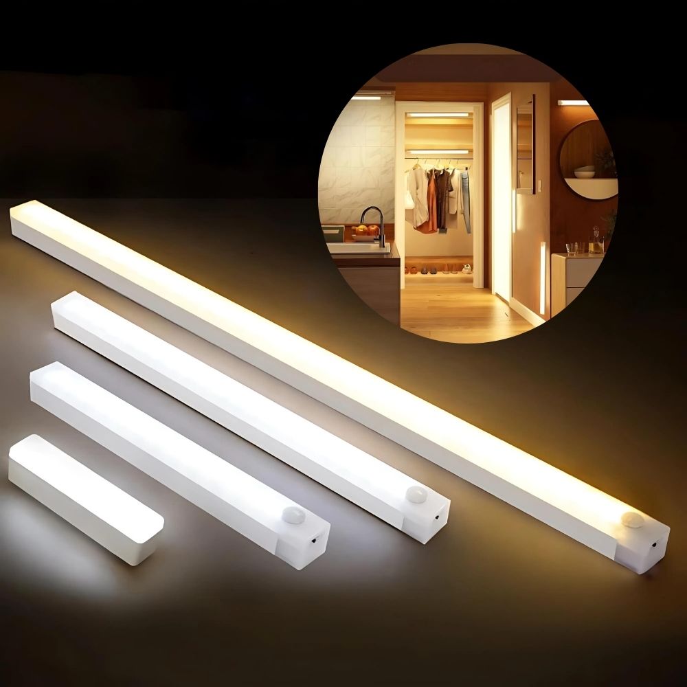 photo principale montrant 5 modèles de réglettes lumineuses LED éclairées et en médaillon une maison éclairée par plusieurs réglettes lumineuse du même type. Dans la cuisine, dans le couloir et au fond dans le dressing