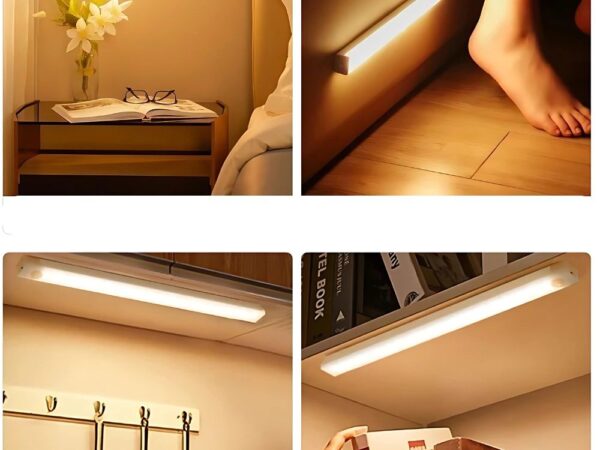 4 photos de possibilités d'utilisation d'une reglette lumineuse LED avec détecteur de mouvement. la photo en haut à gauche montre une utilisation en lampe de chevet, collée au mur, la photo en haut à droite décrit la réglette collé sur le montant du lit à hauteur de pied, la photo en bas à gauche décrit la réglette en lumière d'appoint sur un mur de la cuisine et enfin la quatrième phot montre la réglette dans une penderie. Les quatres réglettes illuminent en blanc chaud pour une ambiance cocooning