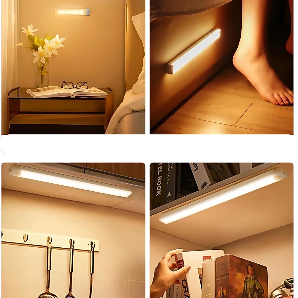 Réglette LED avec capteur de mouvement 4 photos de possibilités d'utilisation d'une reglette lumineuse LED avec détecteur de mouvement. la photo en haut à gauche montre une utilisation en lampe de chevet, collée au mur, la photo en haut à droite décrit la réglette collé sur le montant du lit à hauteur de pied, la photo en bas à gauche décrit la réglette en lumière d'appoint sur un mur de la cuisine et enfin la quatrième phot montre la réglette dans une penderie. Les quatres réglettes illuminent en blanc chaud pour une ambiance cocooning