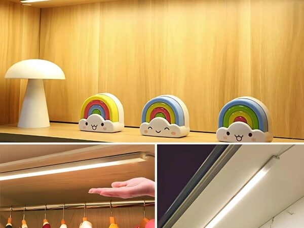 Photos de 3 possibilités d'utilisation d'une réglette lumineuse LED avec détecteur infrarouge. La photo supérieure montre la réglette installée en dessous d'une étagère de bibliothèque pour mettre en valeur les bibelots qui y sont exposés, la deuxième photo montre une réglette dans une penderie et la troisième montre la réglette sous un meuble haut de cuisine, éclairant sans doute un plan de travail.