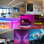 Ruban LED ultra fin Pêle mêle de photos montrant des exempes d'utilisation du ruban LED ultra fin : le contour d'un miroir de salle de bain, le contour d'un bar, le dessous d'un canapé, le plafond d'une chambre à coucher, l'arrière d'un ordinateur, le contour d'un plafond de cuisine ou les ailes d'un couloir d'accès