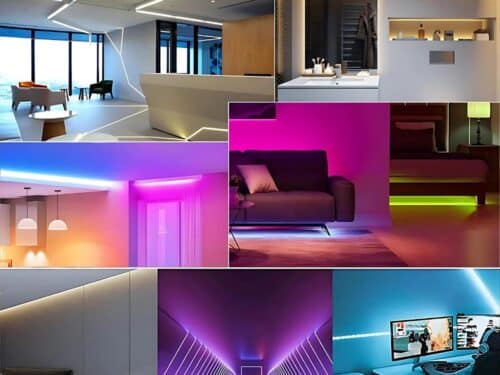 Pêle mêle de photos montrant des exempes d'utilisation du ruban LED ultra fin : le contour d'un miroir de salle de bain, le contour d'un bar, le dessous d'un canapé, le plafond d'une chambre à coucher, l'arrière d'un ordinateur, le contour d'un plafond de cuisine ou les ailes d'un couloir d'accès