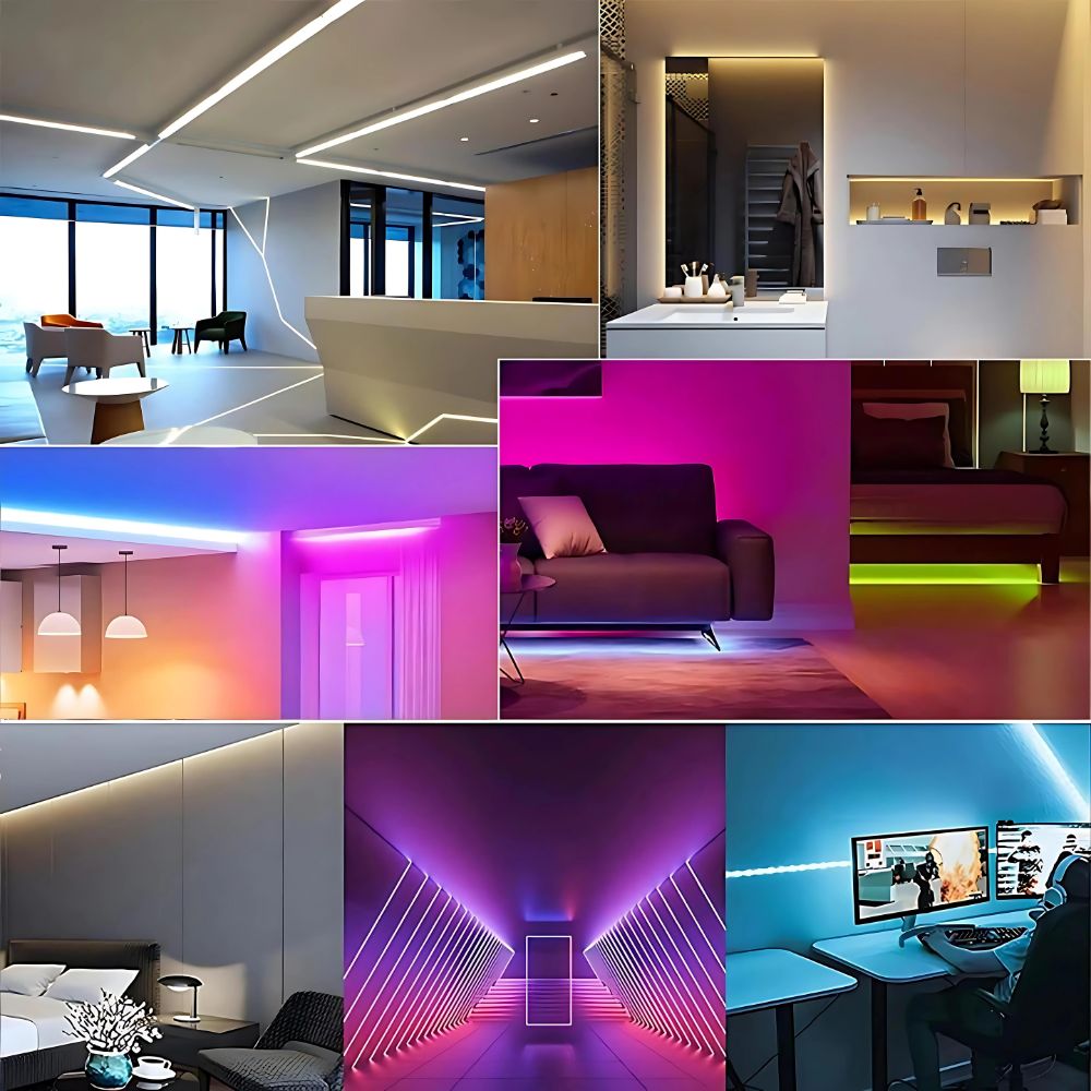 Pêle mêle de photos montrant des exempes d'utilisation du ruban LED ultra fin : le contour d'un miroir de salle de bain, le contour d'un bar, le dessous d'un canapé, le plafond d'une chambre à coucher, l'arrière d'un ordinateur, le contour d'un plafond de cuisine ou les ailes d'un couloir d'accès