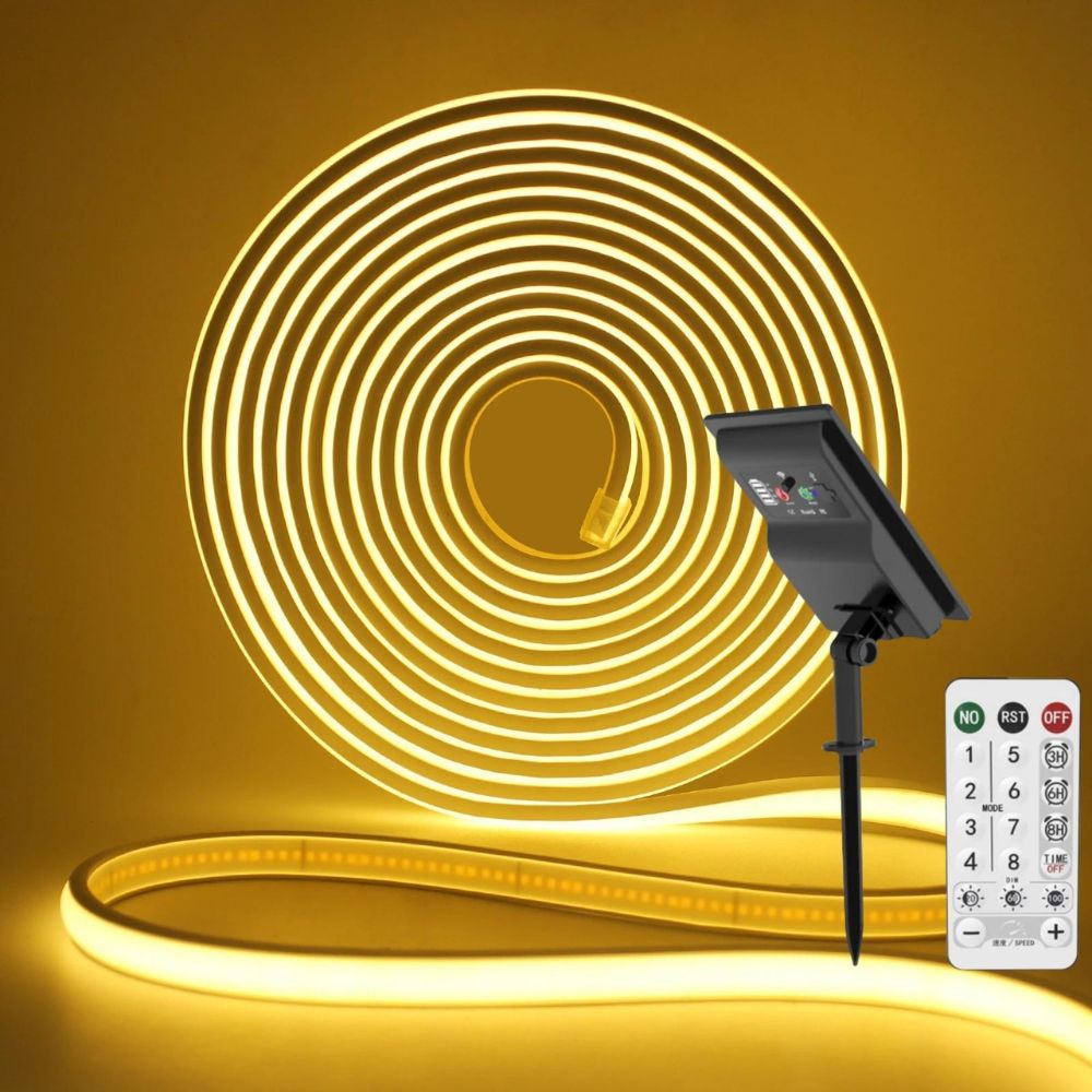 Ruban solaire néon LED COB RGB de 3 mètres, enroulé et éclairé en lumière jaune chaude, avec un panneau solaire et une télécommande visible en premier plan. Idéal pour l'éclairage extérieur, ce ruban est flexible et étanche, contrôlable à distance.