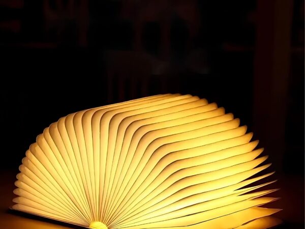 Lampe de chevet LED en forme de livre ouvert. La lumière est diffusée à travers les pages en papier. Sur fond noir.