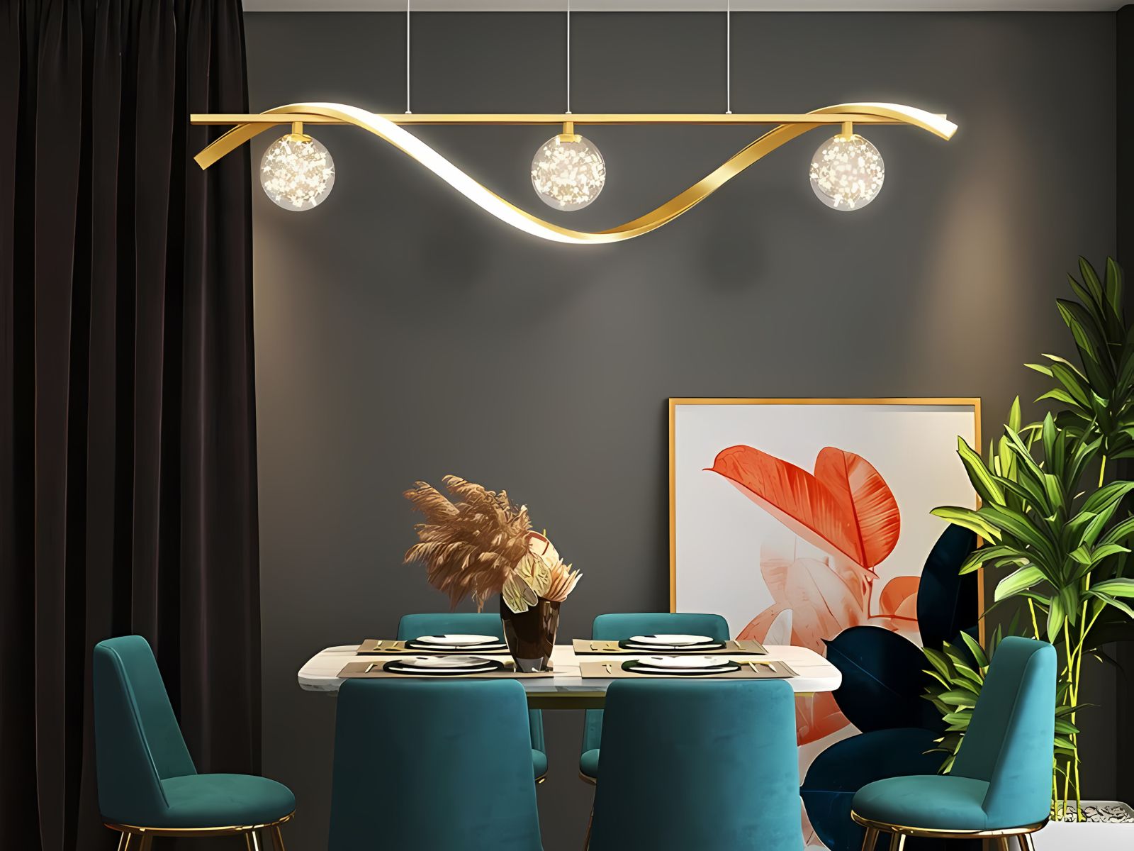 Le lustre doré avec trois globes en verre au-dessus d'une table de salle à manger avec des chaises bleu canard.