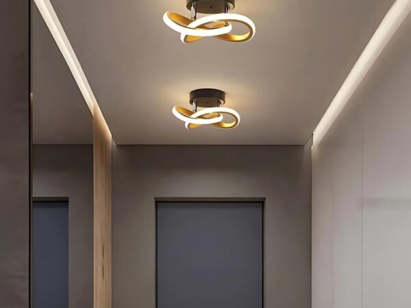 Le plafonnier à bande à LED entrelacées dans un couloir peint en taupe avec une porte noire.