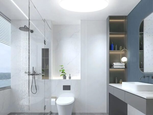 Le plafonnier LED rond ultra-mince et blanc sur le plafond d'une salle de bain.