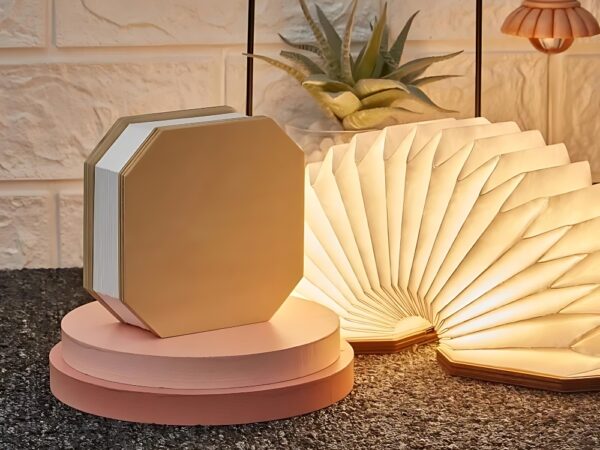 Surface grise sur laquelle sont empilés deux cercles roses et sur lesquels est posée sur sa tranche une lampe sans fil LED pliable effet accordéon fermée. A sa droite, la même lampe ouverte en accordéon et allumée. Derrière elles, une petite plante décorative et une suspension rose pâle à droite. Le mur derrière est blanc effet brique.
