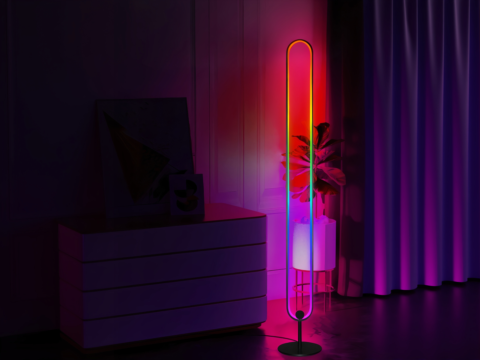 Lampadaire LED intelligent d’angle pour expérience sensorielle, design ovale moderne et lumière RGB contrôlable par appli, télécommande ou commande vocale dans un salon moderne.