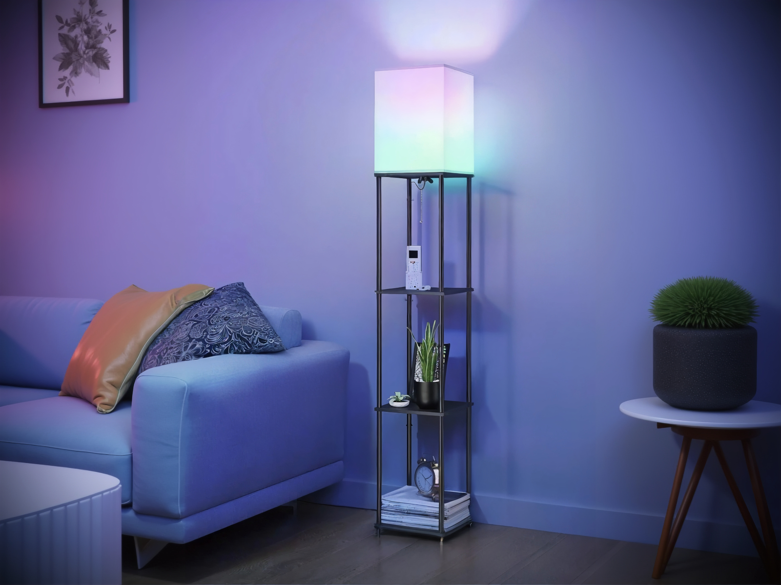 Lampadaire LED intelligent d’angle multifonction avec étagères et lumière personnalisable RGB rectangulaire en fibre naturelle.