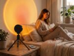 Une femme lit sur son lit, entourée d’une ambiance douce créée par la lampe halo coucher de soleil LED 360 projetant un cercle lumineux orangé sur le mur.
