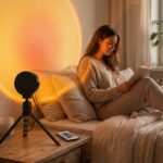 Lampe halo coucher de soleil LED 360 Une femme lit sur son lit, entourée d’une ambiance douce créée par la lampe halo coucher de soleil LED 360 projetant un cercle lumineux orangé sur le mur.