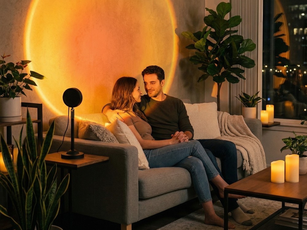 Lampe halo coucher de soleil LED avec télécommande posée sur une table, projette un cercle lumineux chaud sur le mur, télécommande visible au premier plan.