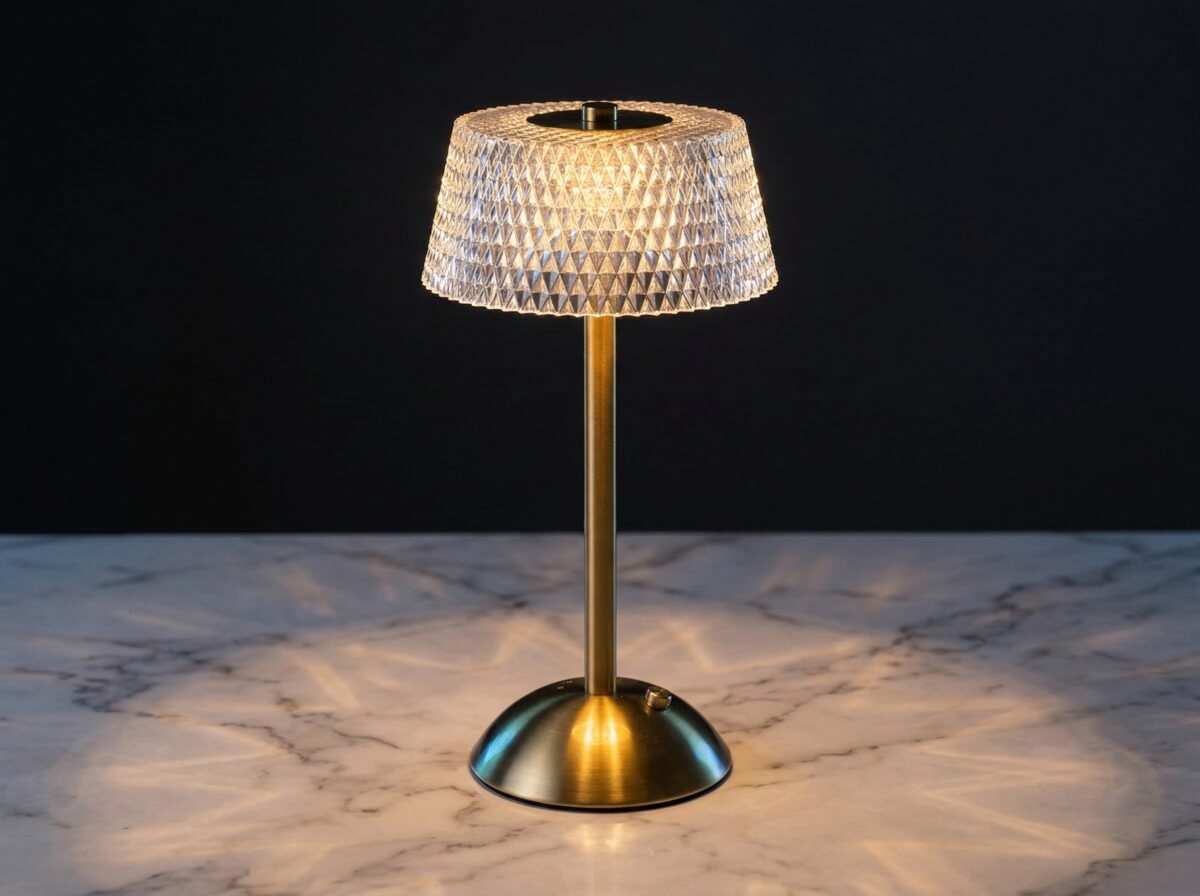 La lampe de table LED art déco rechargeable, abat-jour effet cristal et facettes diamant, pied brossé doré, posée sur un marbre clair.