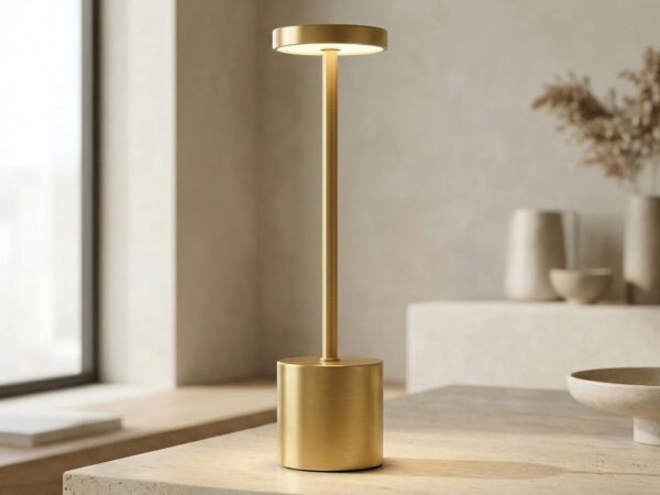La lampe de table sans fil tactile et élégante en métal doré, avec une forme cylindrique moderne diffusant une lumière douce, posée sur une table, design minimaliste chic.