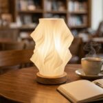 Lampe de table LED sans fil design à abat-jour plissé 3D posée sur surface, diffusant une lumière chaude et texturée.