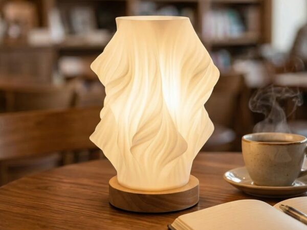 Lampe de table LED sans fil design à abat-jour plissé 3D posée sur surface, diffusant une lumière chaude et texturée.